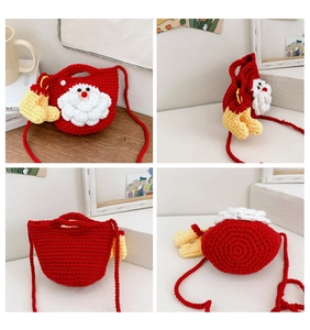 Detailed four-angle views of a handmade crochet Santa Claus kids crossbody bag with straps