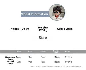 Size chart showing dimensions for handmade lion crochet crossbody bag with model info