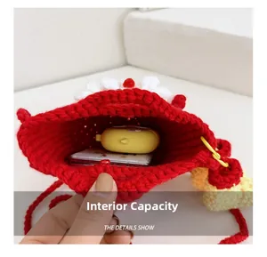 Macro view of handmade crochet Christmas bag interior with internal capacity detail