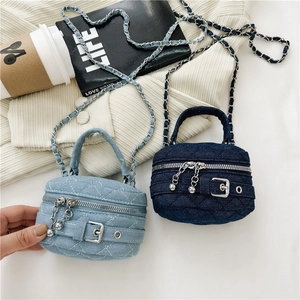 Kids Mini Denim Crossbody Bag Quilted Diamond Pattern Metal Chain Strap Zipper Shoulder Pouch Fashion Accessory For Girls