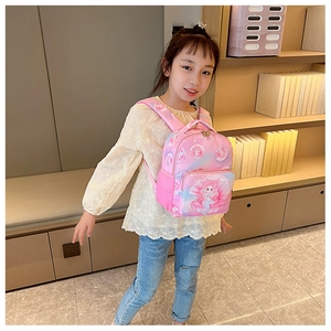 Pink purple gradient kids backpack with mermaid cartoon print and side mesh pocket
