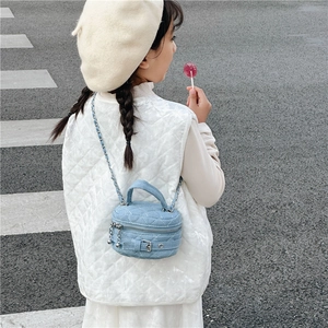 Mini girls blue denim quilted crossbody bag with metal chain strap and top handle