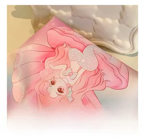 Macro detail of twill fabric texture on pink mermaid cartoon canvas bag for kids