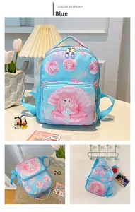 Detail view of the waterproof nylon shell and mermaid prints on the blue kids backpack