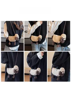 Multi-angle view of a handmade crochet sheep crossbody bag worn by a model