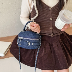 Quilted denim mini crossbody bag for girls with metal chain strap and blue denim finish