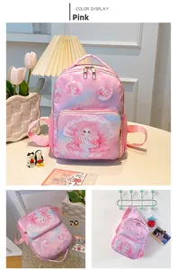 Detail view of pink mermaid school bag featuring starry patterns and side mesh pockets