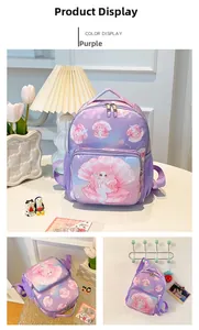 Detail of purple mermaid school backpack featuring mesh side pockets and dual zippers