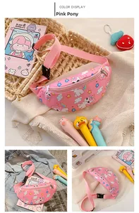 Sac banane rose pour enfants en nylon avec imprimés licorne et sangle tissée