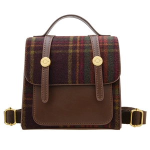 Vintage checkered mini backpack for kids featuring brown leather accents and magnetic flap