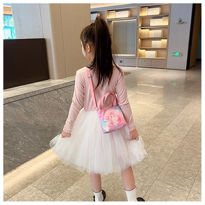 Pink gradient kids crossbody bag with cartoon mermaid print and adjustable shoulder strap