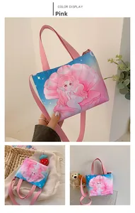Close-up of blue mermaid canvas bag with adjustable strap and lovely cartoon print