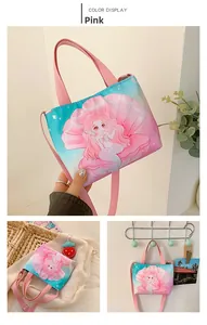 Detail view of colorful mermaid canvas bag with zip closure and adjustable strap