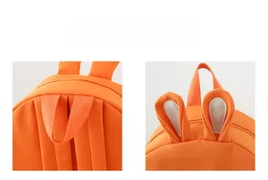 Detailansicht von verstärktem Griff und niedlichem Hasenohr-Design am Kinderrucksack