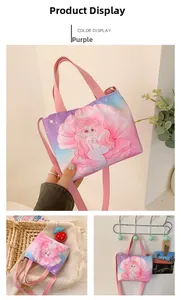 Detail showing the purple mermaid canvas bag with pink handles and long shoulder strap