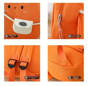 Detailansicht des orangefarbenen Hasenrucksacks mit verstellbaren Gurten und Nähten