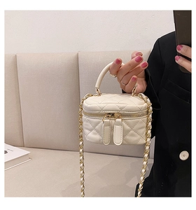 Detailed close-up of ivory quilted mini bag with gold chain and dual zipper hardware