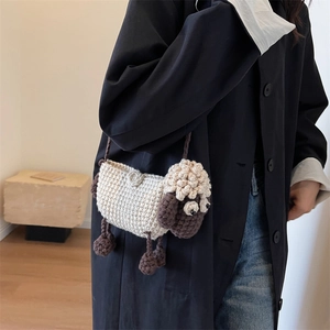 Handmade crochet sheep crossbody bag for children, cream white knit doll shoulder purse