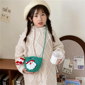 Handmade Santa Claus knitted crossbody bag for kids in green with red ornaments