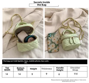 Size chart for light green quilted mini crossbody bag with metal chain strap