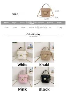 Size chart and color comparison for the quilted mini bucket bag with chain strap