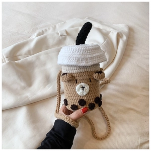 Detailed knit texture of handmade bear bubble tea crossbody bag for young girls