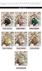 Mini quilted cylinder chain bags shown in seven different colors on a beige fabric