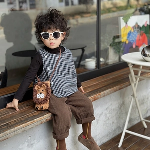 Toddler girls handmade crochet lion crossbody bag with vintage corduroy outfit