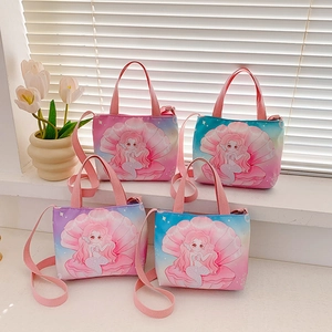 Kids Handbag Crossbody Bag Cartoon Mermaid Print Canvas Fabric Gradient Color Adjustable Strap Cute Fashion For Girls