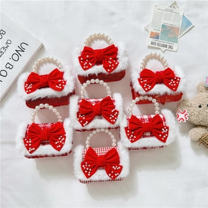 Sac À Main Enfant Rouge Noeud Velours Künstliche Perle Fausse Fourrure Mini Sac À Bandoulière Élégant Princesse Fête Chaîne