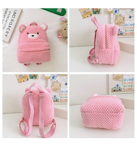 Detailed views of the pink plush teddy bear backpack for kids with soft lamb fleece material