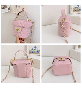 Detailed four-way view of a pink quilted box handbag with gold twist lock and chain strap
