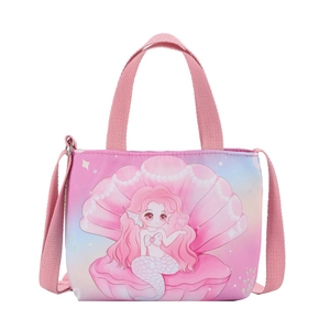 Cute kids pink canvas handbag with mermaid print and adjustable shoulder strap