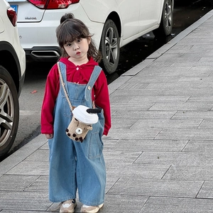 Cute girls knit boba tea crossbody bag with red hoodie and denim overalls outfit