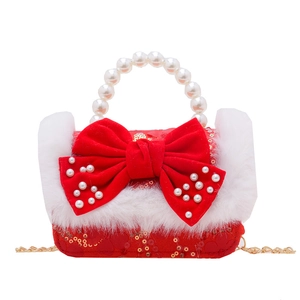 Sac rouge pour enfant avec nœud en velours, fourrure blanche et anse perle