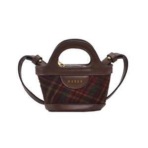 Mini vintage plaid tote bag for kids with brown leather trim and golden MARAH lettering