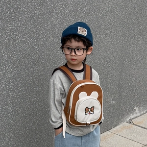 Toddler backpack with cute corgi cartoon design and 3D ears, brown and white colors