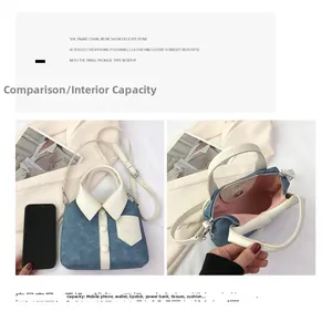 Detail view of denim shirt bag with pink lining, magnetic closure and phone for size scale