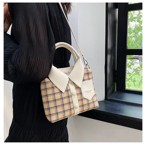 Unique shirt collar style plaid crossbody bag featuring creative patchwork design and texture
