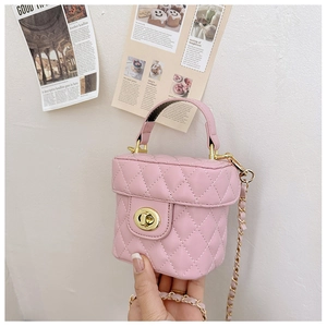Pink quilted PU leather bucket bag for girls with gold chain strap and turn-lock closure