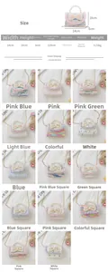 Detailed size chart and multi-color display of mini sequin crossbody bag for girls