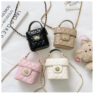 Quilted mini bucket bags for girls in black, cream, pink, and white with chain straps