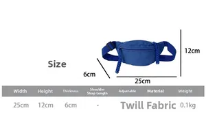 Detailed size chart for kids chest bag showing 25x12x6cm dimensions and adjustable strap