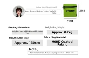 Detailed size chart for kids neon green Freedom letter bag with dimensions and model info
