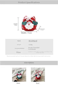 Size chart for handmade crochet Santa Claus bags showing dimensions and knitting material