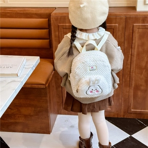 Cute white plush rabbit backpack for toddlers with 3D ears and soft lamb wool texture