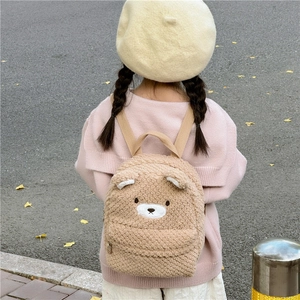 Cute brown plush teddy bear toddler backpack with 3D ears for preschool kids outdoor