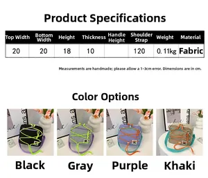 Detailed size chart and dimensions for the kids canvas crossbody bag in four colors