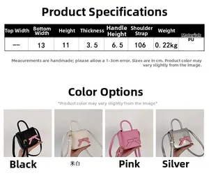 Detailed size chart and multi-color display of bow mini square crossbody bag