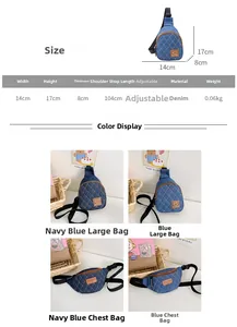 Guida alle taglie per borsa a tracolla bimbo in denim con cinturino regolabile e misure